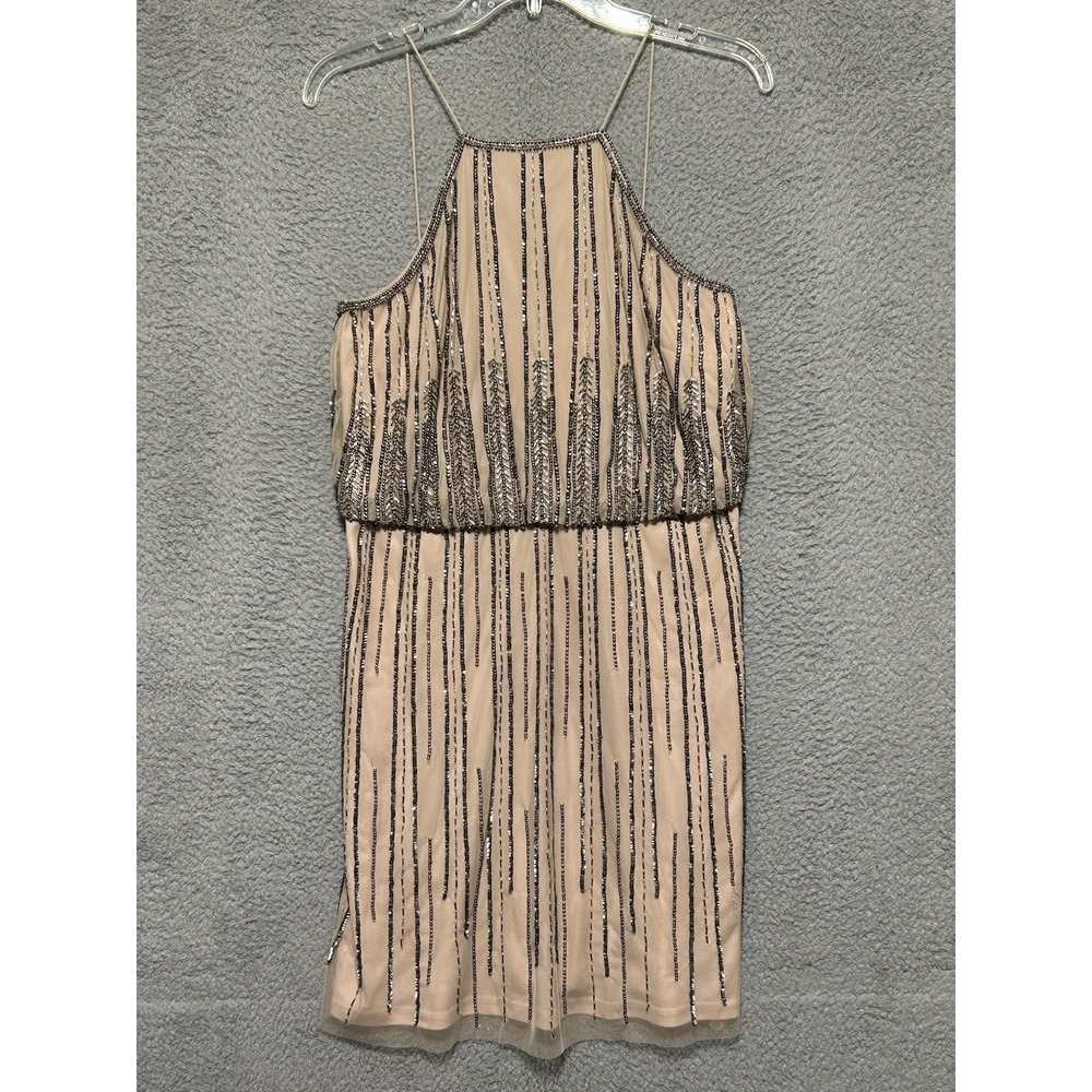 Gianni Bini Knee Length Wedding Guest Cocktail Nude Beaded‎ Halter Dress 10 NWT